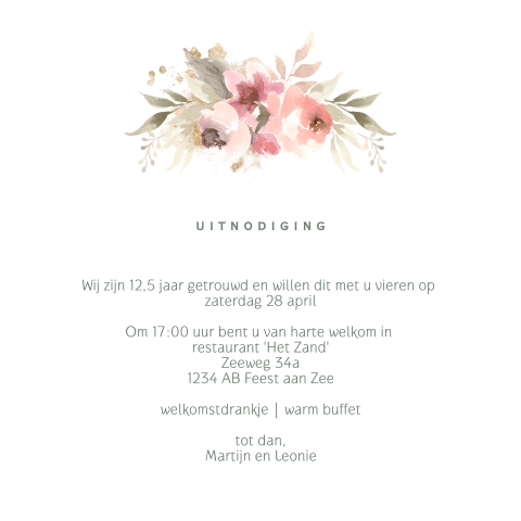 Uitnodiging 12,5 jarig huwelijksjubileum pastel watercolor bloemen