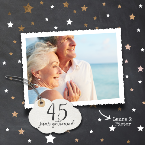 45 jaar getrouwd uitnodiging kopere sterren en foto kader