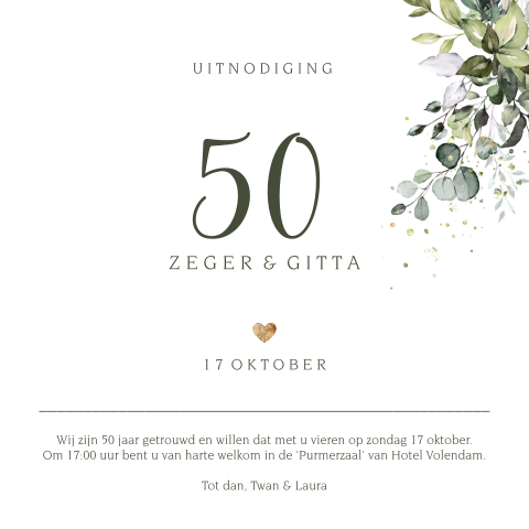 50 huwelijks jubileum eucalyptus goudlook uitnodiging