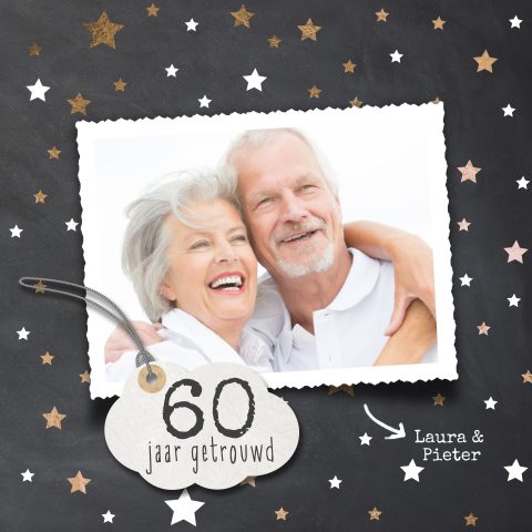 60 jaar getrouwd uitnodiging met kopere sterren en foto kader