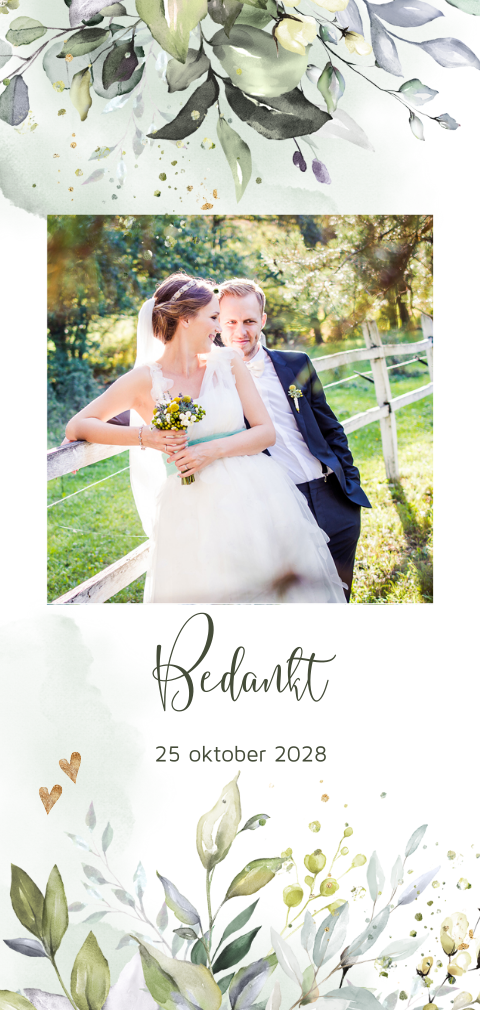 Bedankkaart trouwen met Eucalyptus bladeren en foto
