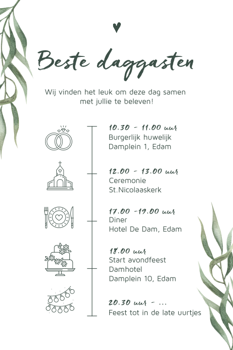 Botanisch dagprogramma kaart details voor trouwdag