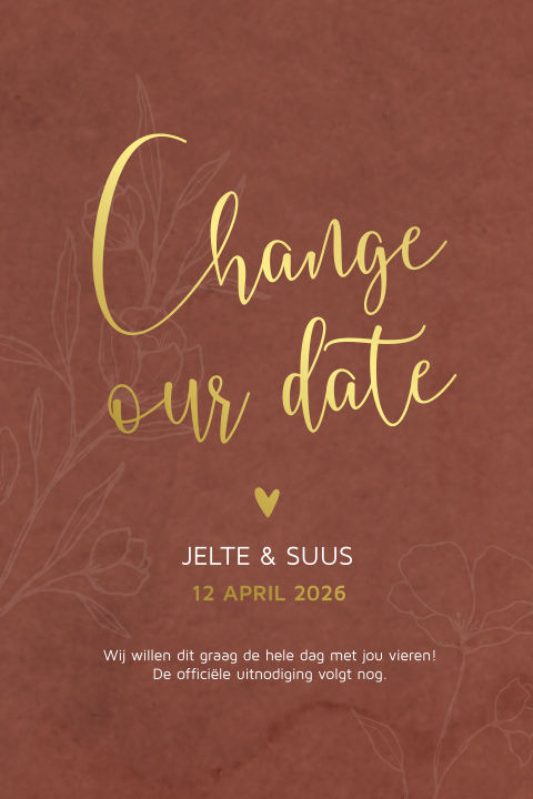 Chique change our date trouwkaart met outline takjes en goudfolie