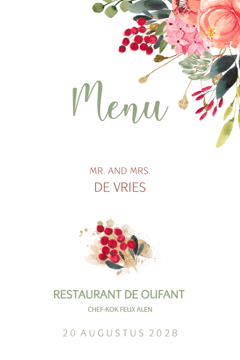 Chique menukaart bonte bloemen en goudlook