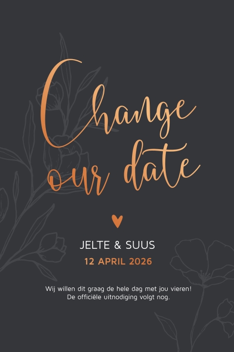 Chique change our date trouwkaart met outline takjes en koperfolie