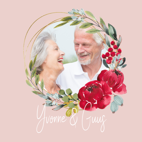 Chique uitnodiging 45 jaar getrouwd met rode bloemen