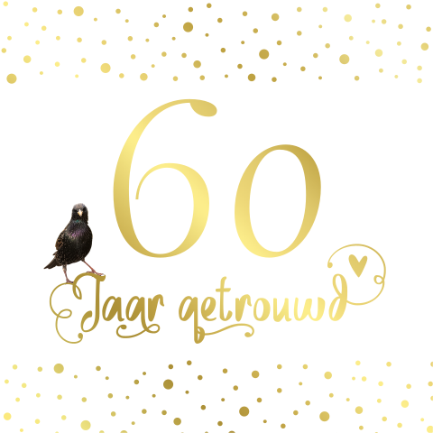 Chique uitnodiging 60 jaar getrouwd in goudfolie met vogel