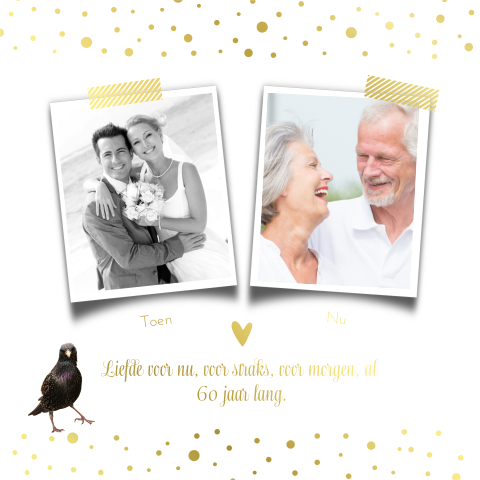 Chique uitnodiging 60 jaar getrouwd in goudfolie met vogel