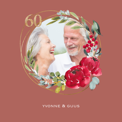 Stijlvolle terraxuitnodiging 60 jaar getrouwd rode bloemen