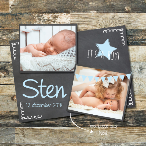 Hip foto collage jongens babykaartje met hout print