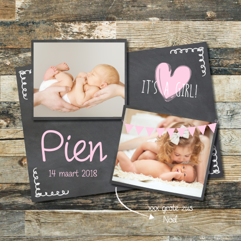 Hip foto collage meisjes babykaartje met hout print