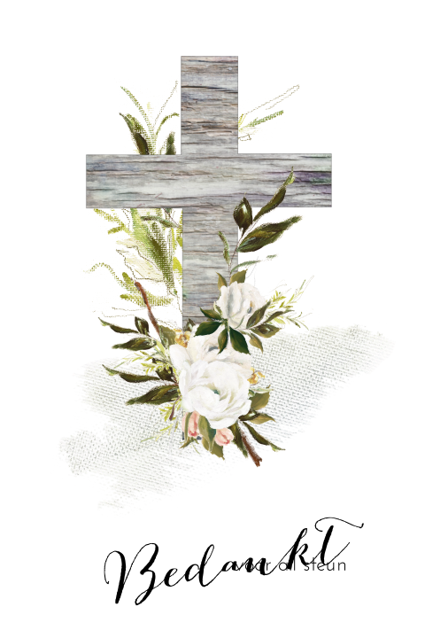 Liefdevolle bedankkaart met houten kruis en bloemen