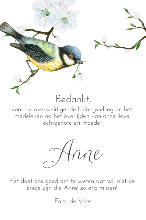 Liefdevolle bedankkaart overlijden met vogel en bloesems
