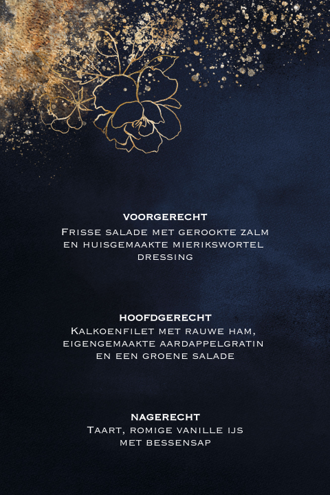 Donkerblauw kerst menukaart met goudlook poeder