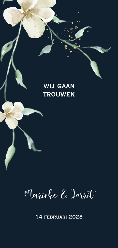 Klassieke trouwkaart donkerblauw met witte bloemen