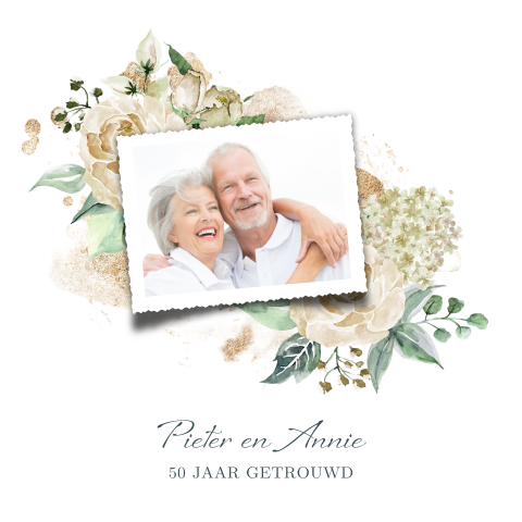 Foto uitnodiging gouden huwelijk witte hortensia en rozen