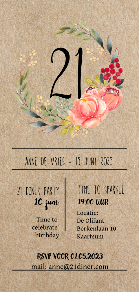 21 diner party uitnodiging kraft look bloemen krans