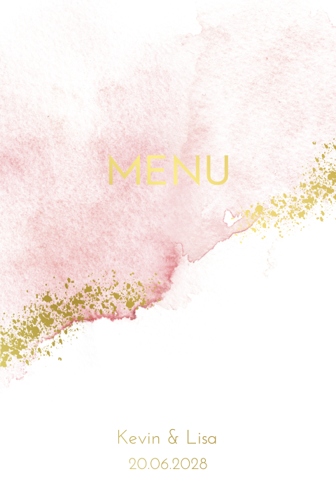 Enkele menukaart bruiloft roze aquarel goudfolie