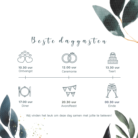 Eucalyptus blad dagprogramma kaart details trouwdag