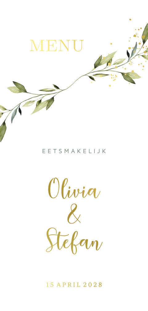 Eucalyptus blad menukaart trouwdag met echt goudfolie