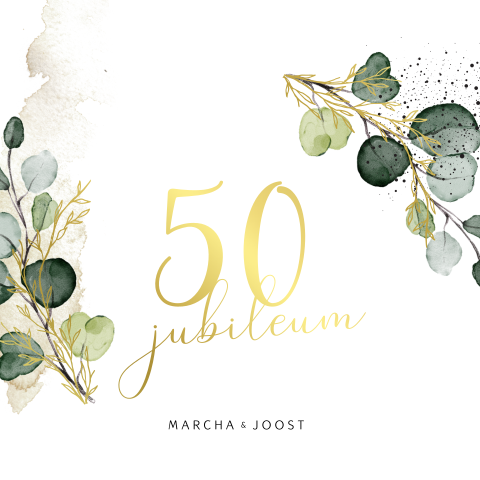 Eucalyptus watercolor leaves uitnodiging 50 jubileum goudfoliedruk