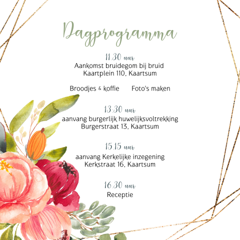 Romantische trouwkaart programma met bloemen en goud look