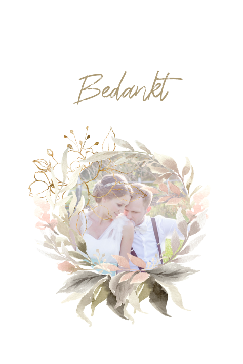 Foto bedankkaart trouwen pastel bladkrans bohemian