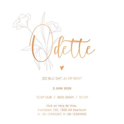 Geboortekaartje Odette outline bloem koperfolie