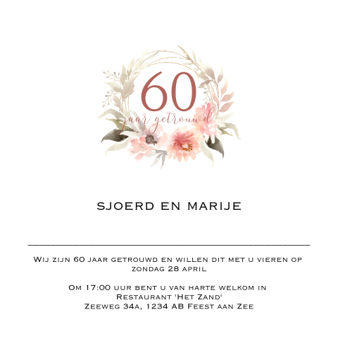 Uitnodiging 60 jarig huwelijksjubileum pastel watercolor bloemen