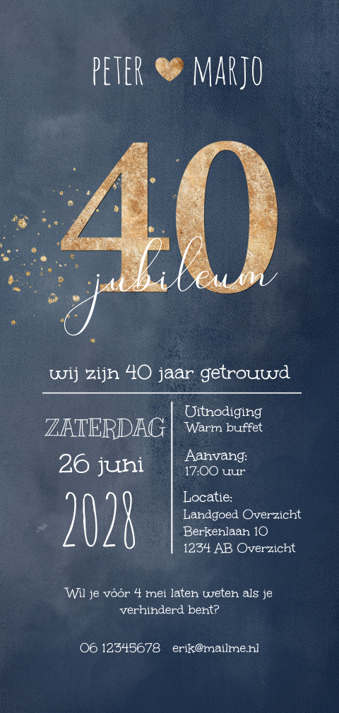 Staande donkerblauwe 40 jubileum uitnodiging grafisch