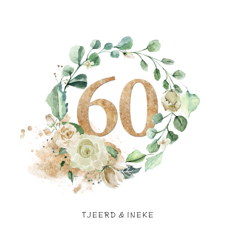 60 jaar uitnodiging met witte hortensia en rozen