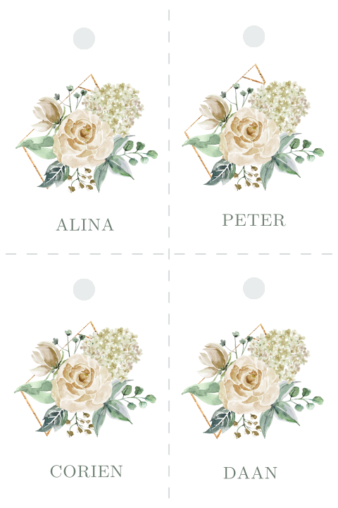 Witte rozen DIY naamkaartje 4 gelijke delen initialen