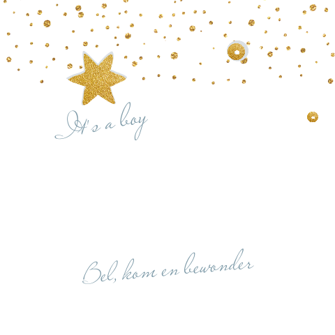 Hip geboortekaartje jongen met goud sterren en confetti