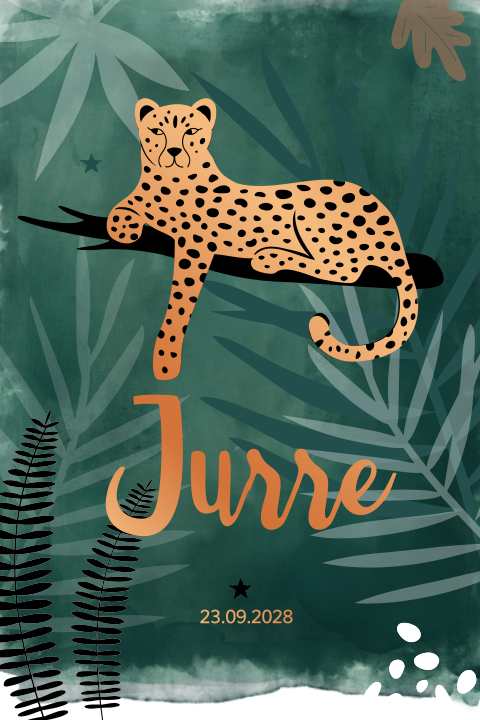 Jungle luipaard geboortekaartje jongen donkergroen en koperfolie