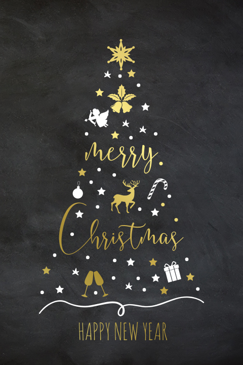 Kerstkaart met illustraties in kerstboom vorm met goudfolie