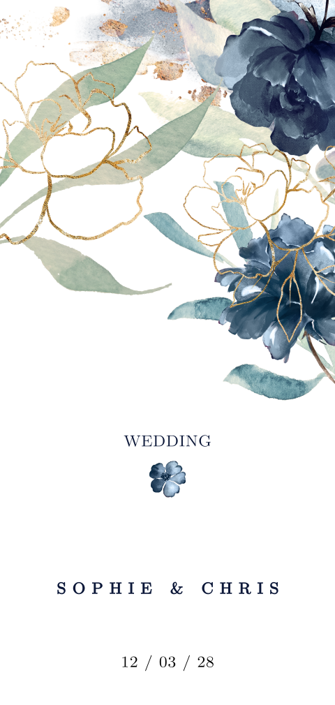 Langwerpige trouwkaart met donker blauwe bloemen