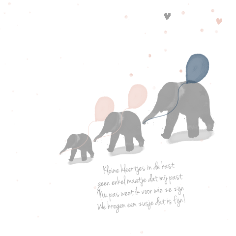 Super lief babykaartje voor zusje met lief olifantje en ballon