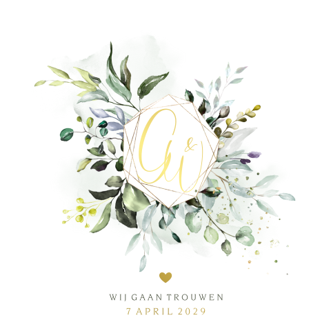 Logo botanisch trouwkaart met écht goudfolie