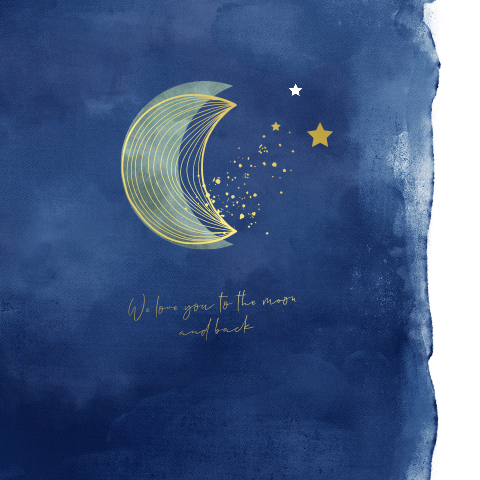 Maan geboortekaartje jongen blauw watercolor sterren goudfolie