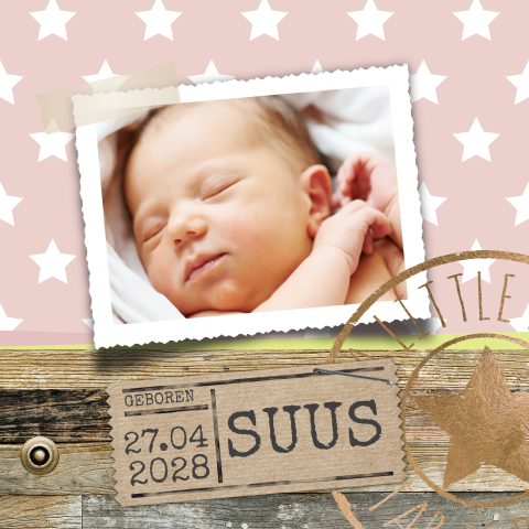 Stoer foto meisjes geboortekaartje met hout, sterren en koper stempel