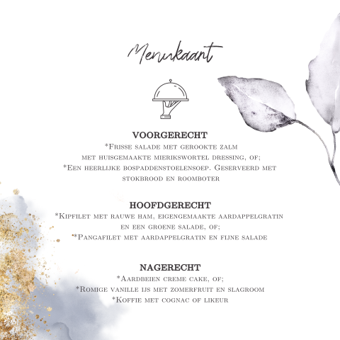 Moderne menukaart met paars blad in aquarel