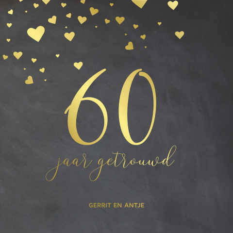 Uitnodiging 60 jarig huwelijksjubileum krijtbord look goudfolie