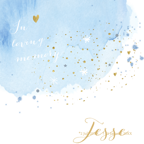Stijlvolle kinderrouwkaart met blauwe watercolour en goud spetters