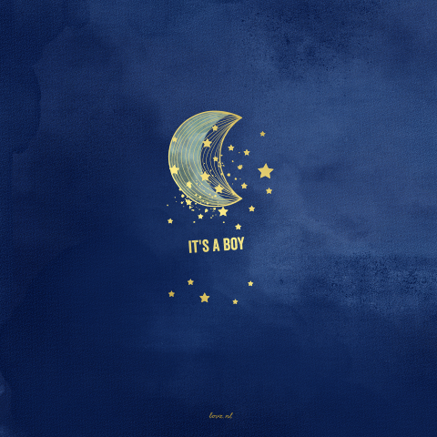 Olifant maan geboortekaartje jongen blauw watercolor sterren goudfolie