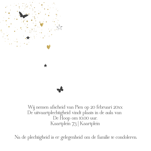 Stijlvolle witte rouwkaart met vlinders en sterren