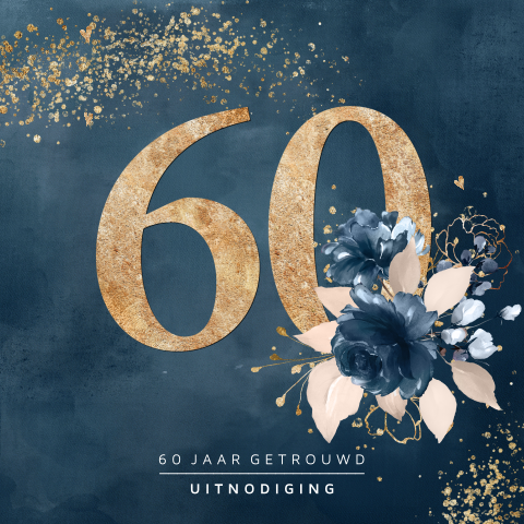 Uitnodiging jubileum 60 cijfer goudlook en blauwe bloemen