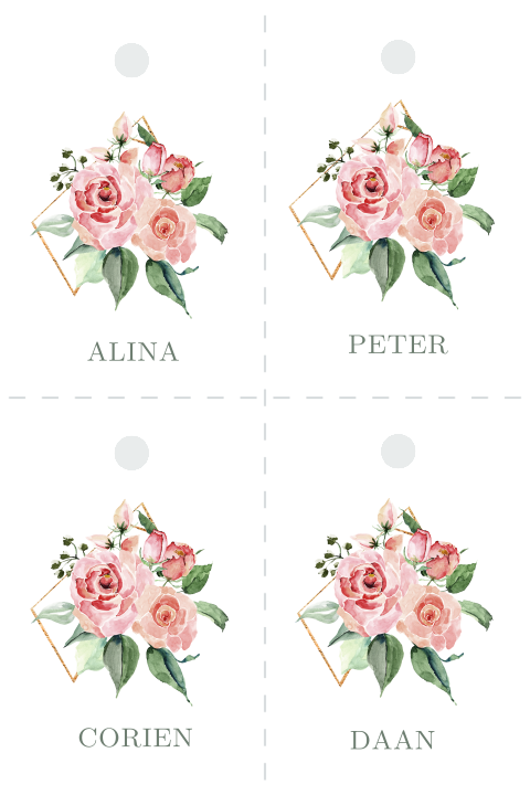 Rose rozen DIY naamkaartje 4 gelijke delen initialen