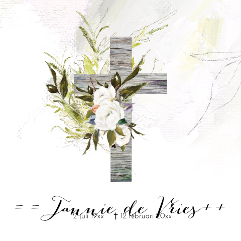 Liefdevolle rouwkaart met houten kruis en bloemen