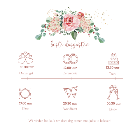 Roze rozen dagprogramma kaart details voor trouwdag