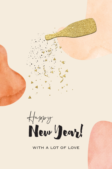 Nieuwjaarskaart champagnefles confetti watercolor